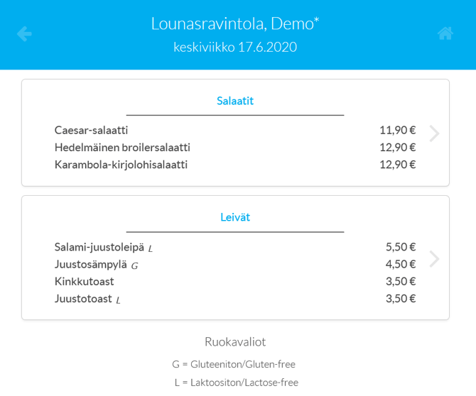 Menu - tuoteluettelo