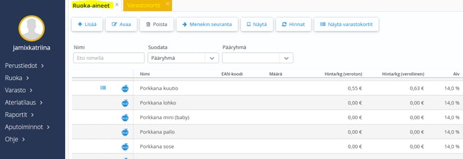 Ruoka-aineet ja varastokortit